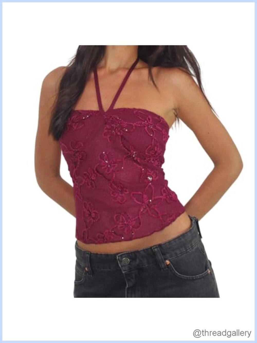 Women Sequin Floral Halter Tank Top Slim Fit Backless Tie Sleeveless Crop